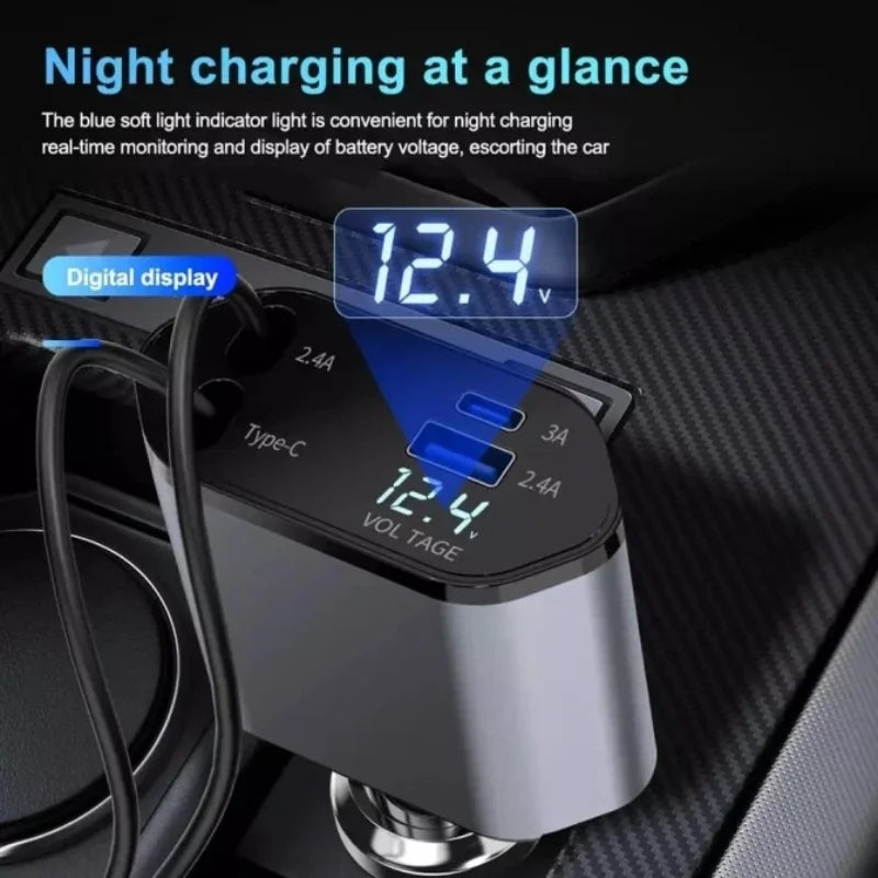 4-in-1 Retractable Car Charger | Dual USB & USB-C PD Fast Charging, 100W - Feature 3