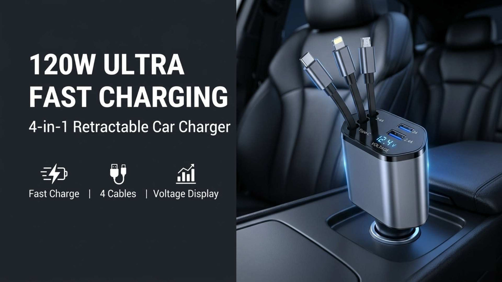 4-in-1 Retractable Car Charger | Dual USB & USB-C PD Fast Charging, 100W - Full View