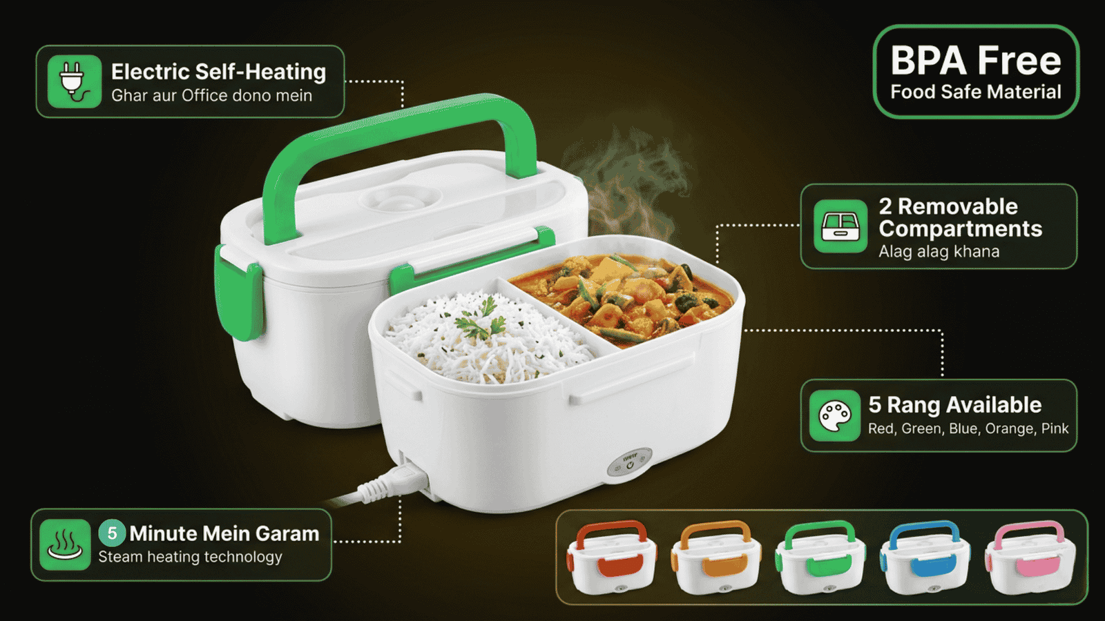 Portable Electric Heating Lunch Box with Leak-Proof Design & Soup Tray - Full View