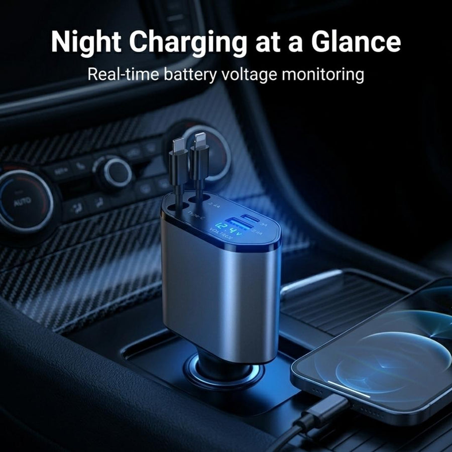 4-in-1 Retractable Car Charger | Dual USB & USB-C PD Fast Charging, 100W - Feature 2