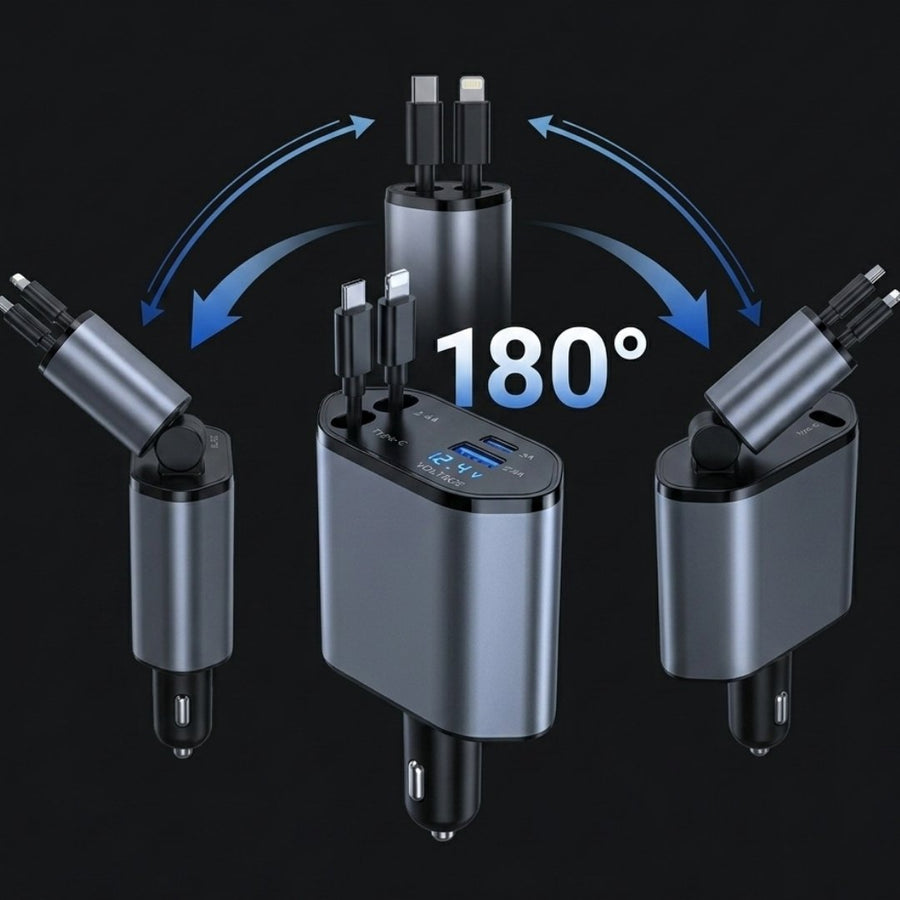 4-in-1 Retractable Car Charger | Dual USB & USB-C PD Fast Charging, 100W - Feature 1